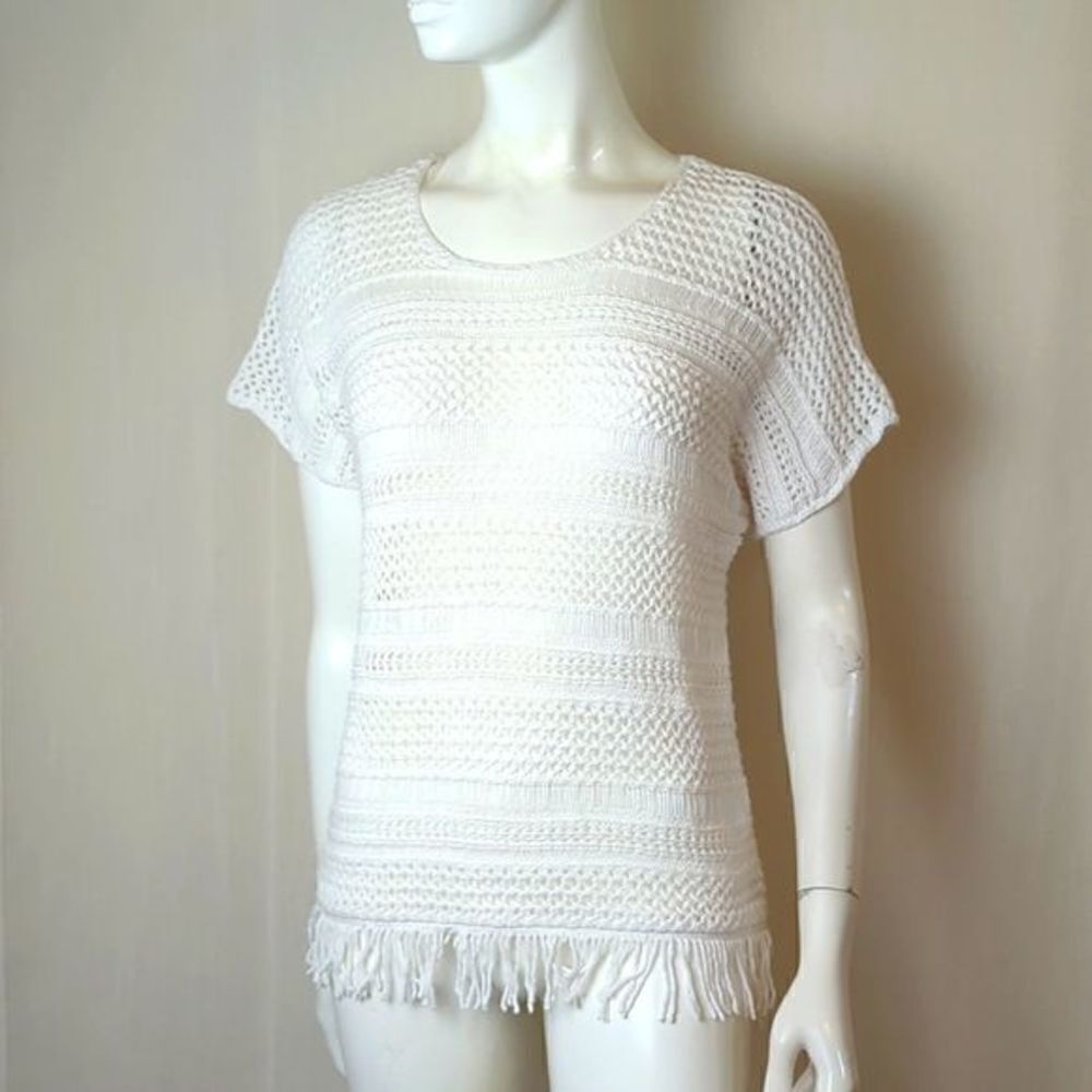 Chico's White Crochet Pullover Top with Fringe Size 1